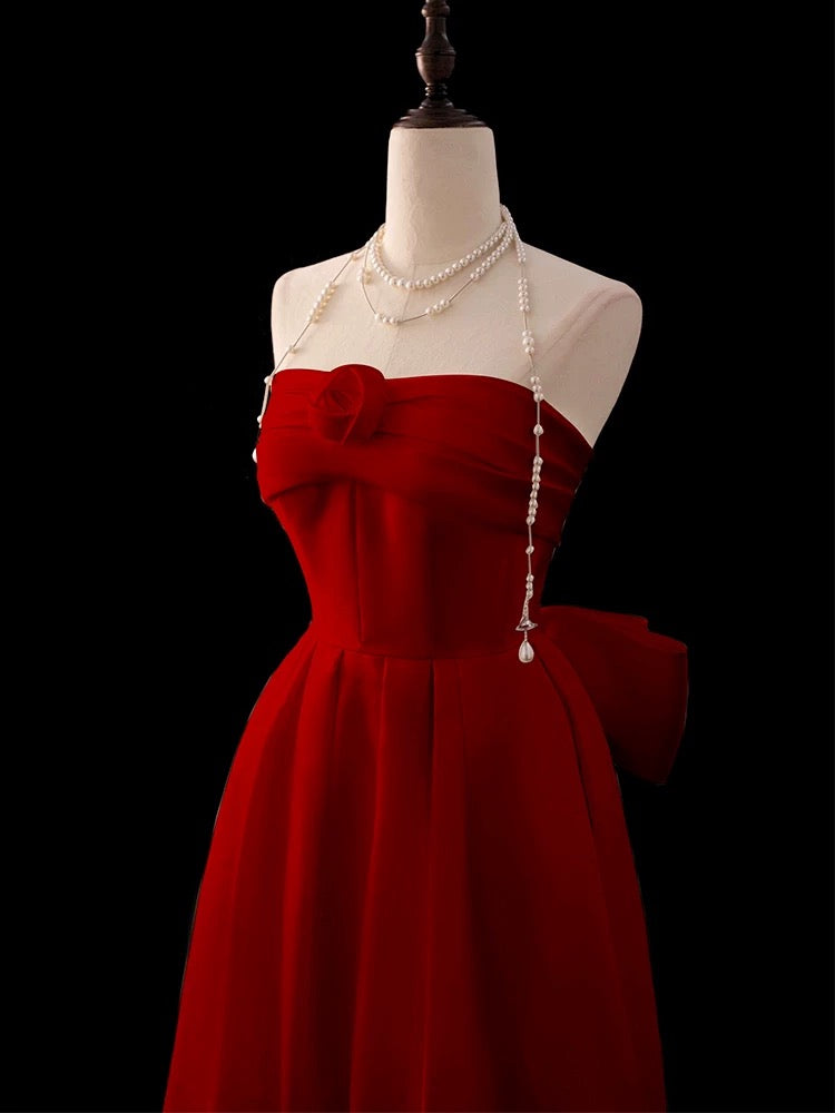 Elegantes, trägerloses, rotes Chiffonkleid in A-Linie mit Blumenmuster, langes Partykleid, Outfit für den 20. Geburtstag, Abschlusskleid AU001