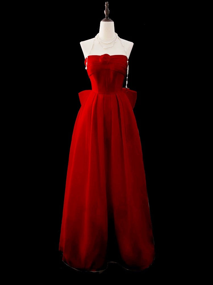 Elegantes, trägerloses, rotes Chiffonkleid in A-Linie mit Blumenmuster, langes Partykleid, Outfit für den 20. Geburtstag, Abschlusskleid AU001