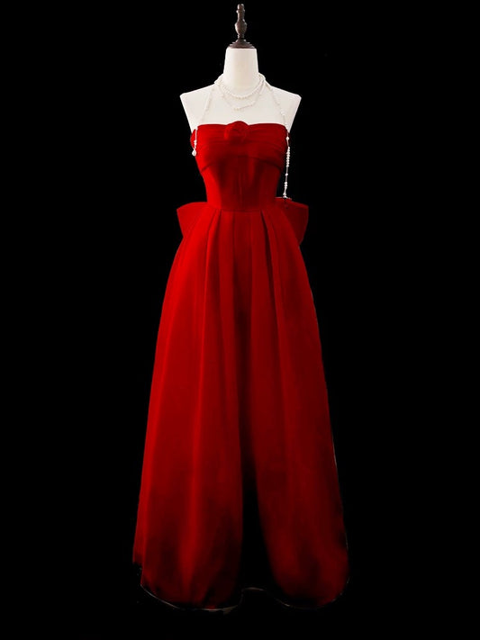 Elegantes, trägerloses, rotes Chiffonkleid in A-Linie mit Blumenmuster, langes Partykleid, Outfit für den 20. Geburtstag, Abschlusskleid AU001
