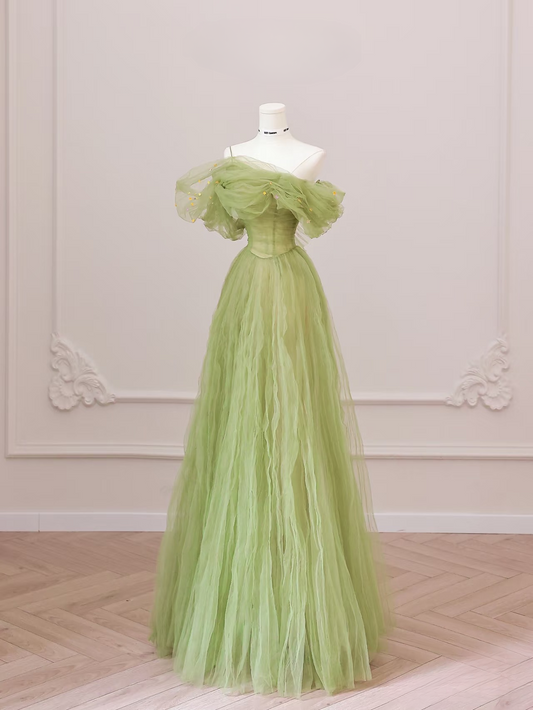 Elegant A line Off The Shoulder Green Tulle Long Floor Length Prom Dress Inspiration Prom Dresses Graduation Dress AU002
