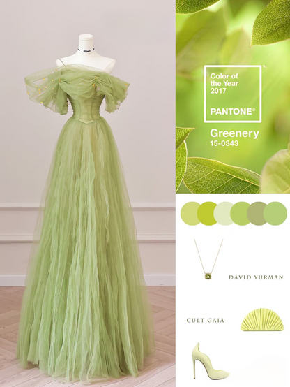 Elegant A line Off The Shoulder Green Tulle Long Floor Length Prom Dress Inspiration Prom Dresses Graduation Dress AU002