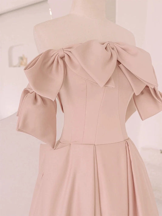 Elegantes, trägerloses A-Linien-Kleid aus rosafarbenem Satin mit Schleife am Oberteil, langes Partykleid, Outfit für den 20. Geburtstag, Abschlusskleid AU002