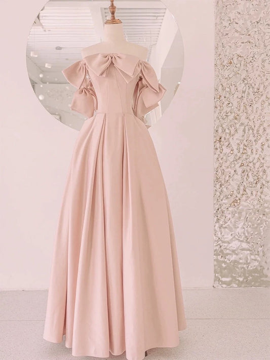 Elegantes, trägerloses A-Linien-Kleid aus rosafarbenem Satin mit Schleife am Oberteil, langes Partykleid, Outfit für den 20. Geburtstag, Abschlusskleid AU002