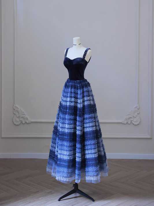 Elegant A Line Straps Sleeveless Navy Blue Tulle Floor Length Prom Dress Inspiration Ideas Prom Inspo Dresses Graduation Dress AU003