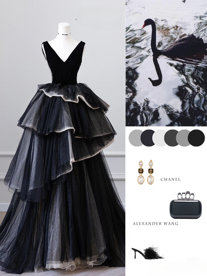 Elegant Ball Gown V Neck Sleeveless Black Tulle Floor Length Prom Dress Inspiration Ideas Prom Inspo Dresses Graduation Dress AU004
