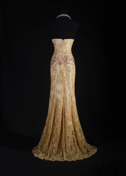 Retro-Abendkleider, Meerjungfrauen-Stil, herzförmiger Schnitt, goldene Spitze, Perlen, Vintage-Stil, lange Abendkleider, Partykleider AU004