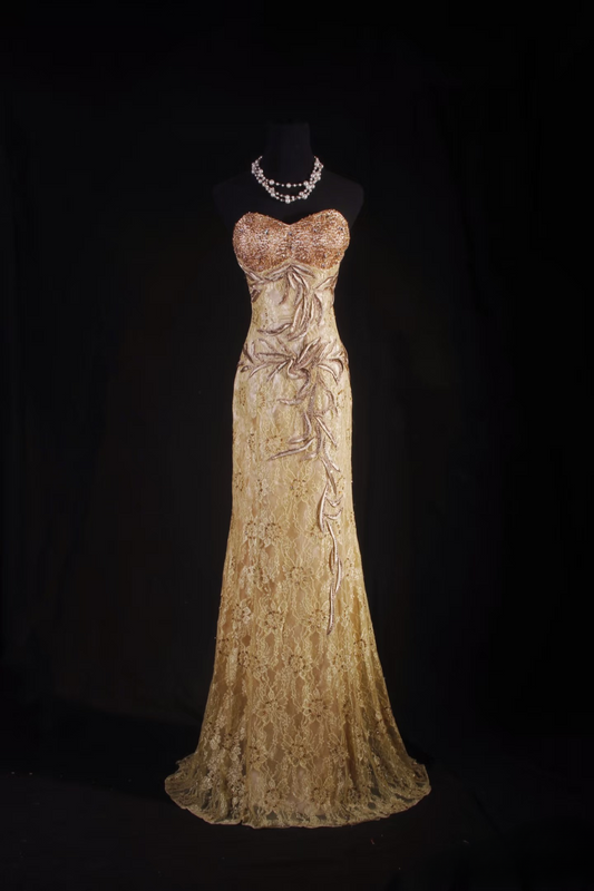 Retro-Abendkleider, Meerjungfrauen-Stil, herzförmiger Schnitt, goldene Spitze, Perlen, Vintage-Stil, lange Abendkleider, Partykleider AU004