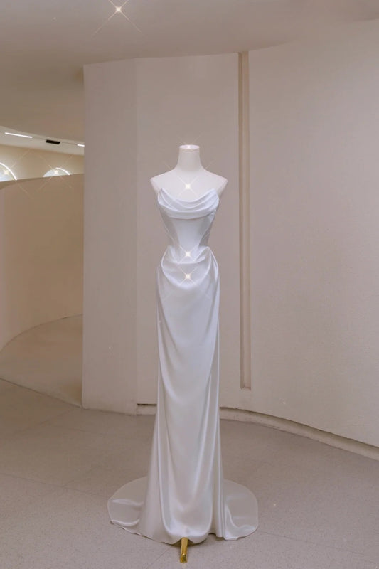 Simple Mermaid Strapless White Fitted Corset Long Satin Wedding Dress Bride Gowns Wedding Dresses AU004