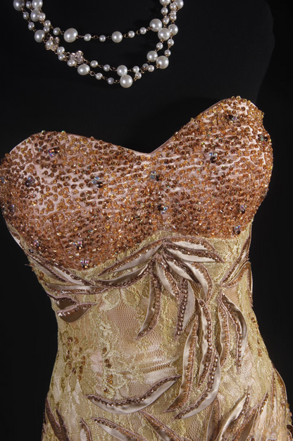 Retro-Abendkleider, Meerjungfrauen-Stil, herzförmiger Schnitt, goldene Spitze, Perlen, Vintage-Stil, lange Abendkleider, Partykleider AU004