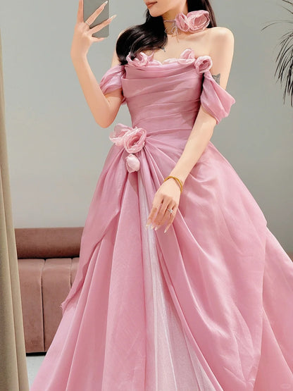 Hübsches Ballkleid Trägerlos Rosa Bodenlangen Tüll Blumen Ballkleider Abendkleid Geburtstag Outfits Abendkleid AU005