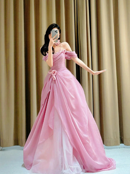 Hübsches Ballkleid Trägerlos Rosa Bodenlangen Tüll Blumen Ballkleider Abendkleid Geburtstag Outfits Abendkleid AU005