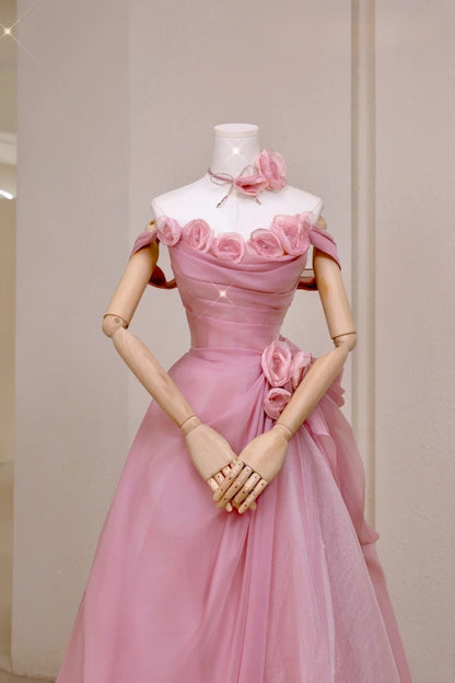 Hübsches Ballkleid Trägerlos Rosa Bodenlangen Tüll Blumen Ballkleider Abendkleid Geburtstag Outfits Abendkleid AU005