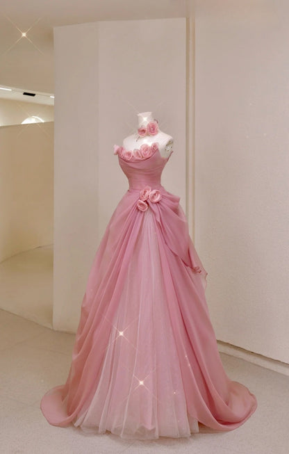 Hübsches Ballkleid Trägerlos Rosa Bodenlangen Tüll Blumen Ballkleider Abendkleid Geburtstag Outfits Abendkleid AU005