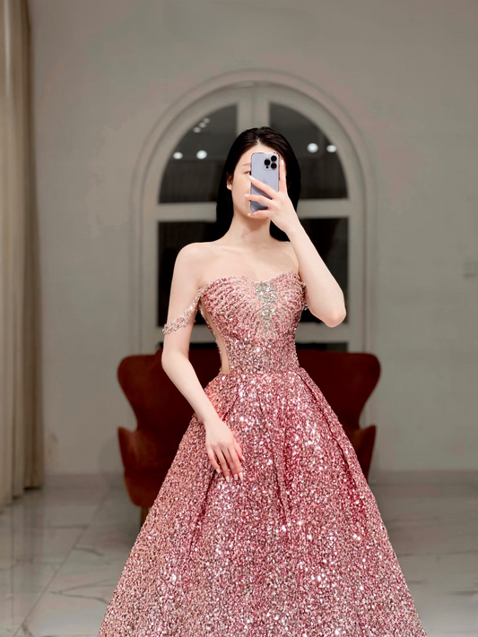 Ball Gown Off The Shoulder Cap Sleeves Sequin Ombre Pink Floor Length Stunning Prom Dresses Inspiration Prom Dress Princess Graduation Dress AU007