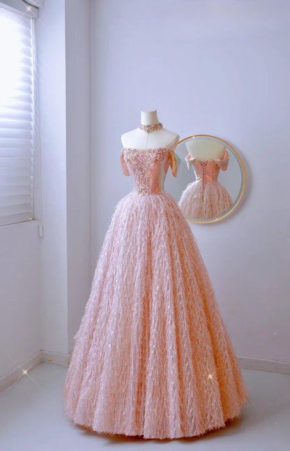 Bescheidenes Ballkleid aus der Schulter, erröten rosa Pailletten, Ballkleider, langes Partykleid, Outfits zum 21. Geburtstag, Abschlusskleid AU010