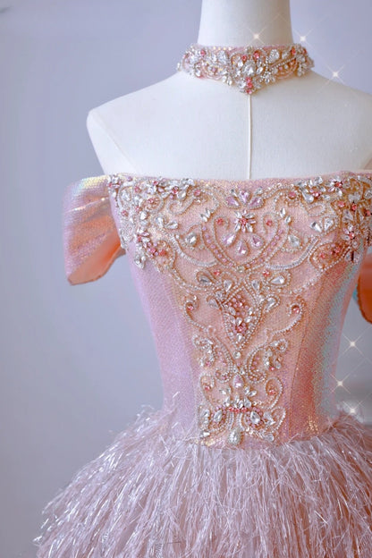 Bescheidenes Ballkleid aus der Schulter, erröten rosa Pailletten, Ballkleider, langes Partykleid, Outfits zum 21. Geburtstag, Abschlusskleid AU010