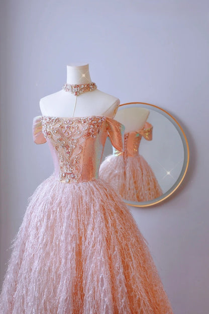 Bescheidenes Ballkleid aus der Schulter, erröten rosa Pailletten, Ballkleider, langes Partykleid, Outfits zum 21. Geburtstag, Abschlusskleid AU010