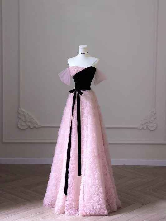 Elegant A Line Strapless Sleeveless Pink Flowers Tulle Floor Length Amazing Prom Dress Inspiration Ideas Prom Inspo Dresses Graduation Dress AU011