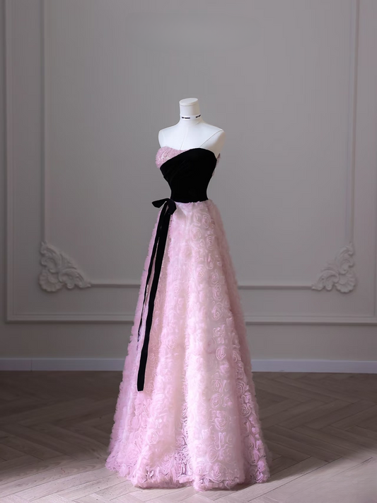 Elegant A Line Strapless Sleeveless Pink Flowers Tulle Floor Length Amazing Prom Dress Inspiration Ideas Prom Inspo Dresses Graduation Dress AU011