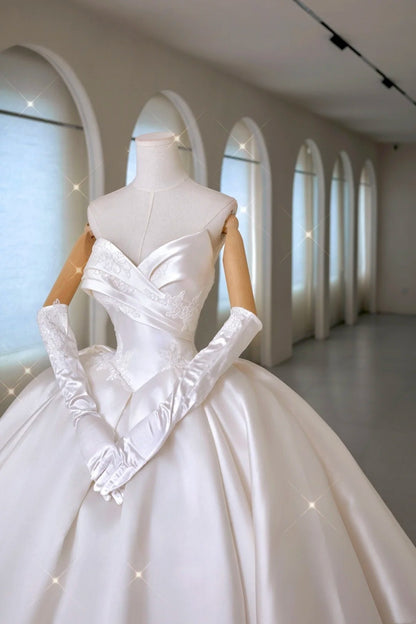 Elegant Ball Gown Sweetheart Fitted Corset Ruffles Satin Wedding Dress Bride Gowns Wedding Dresses With Gloves AU011