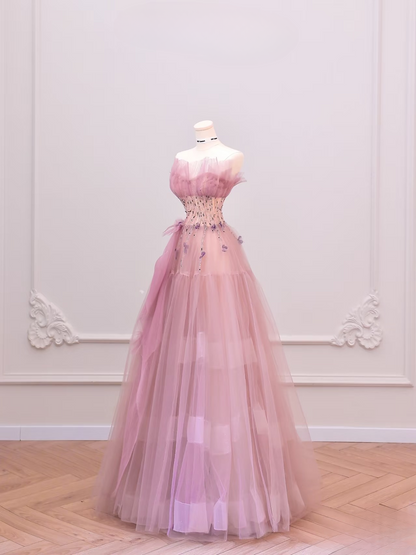 Elegant Ball Gown Strapless Sleeveless Pink Tulle Floor Length Amazing Prom Dress Inspiration Ideas Prom Inspo Dresses Graduation Dress AU012