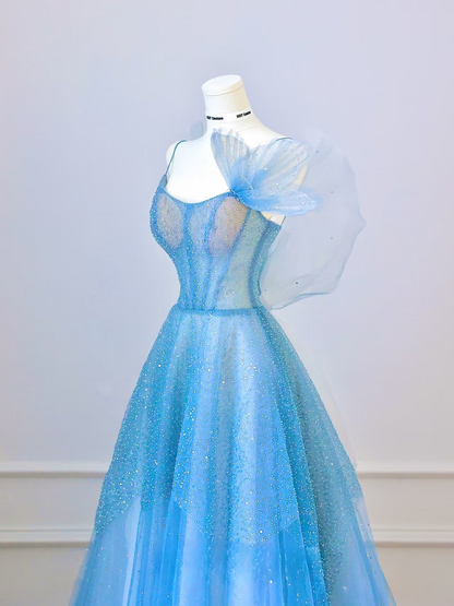 Elegant Ball Gown Spaghetti Straps Sleeveless Blue Tulle Floor Length Amazing Prom Dress Inspiration Ideas Prom Inspo Dresses Graduation Dress AU014