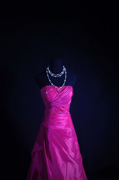 Retro-Abendkleid, trägerloses Ballkleid aus fuchsiafarbenem Satin mit applizierter Spitze, langes Vintage-Abendkleid, Partykleid AU015