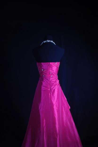 Retro-Abendkleid, trägerloses Ballkleid aus fuchsiafarbenem Satin mit applizierter Spitze, langes Vintage-Abendkleid, Partykleid AU015