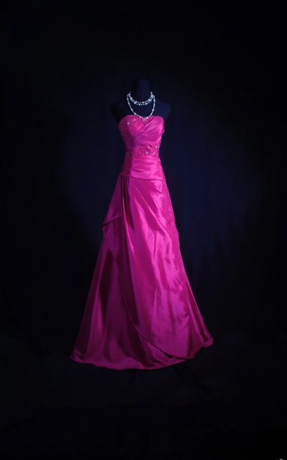 Retro-Abendkleid, trägerloses Ballkleid aus fuchsiafarbenem Satin mit applizierter Spitze, langes Vintage-Abendkleid, Partykleid AU015