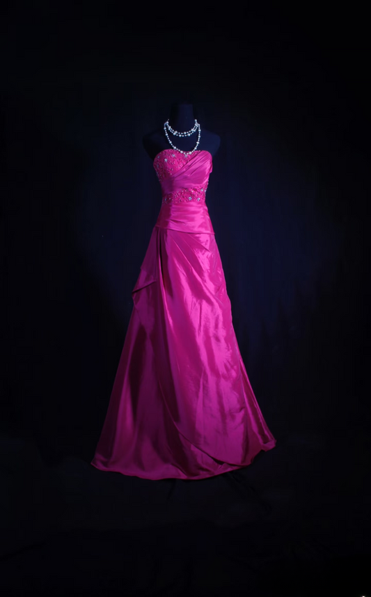Retro-Abendkleid, trägerloses Ballkleid aus fuchsiafarbenem Satin mit applizierter Spitze, langes Vintage-Abendkleid, Partykleid AU015