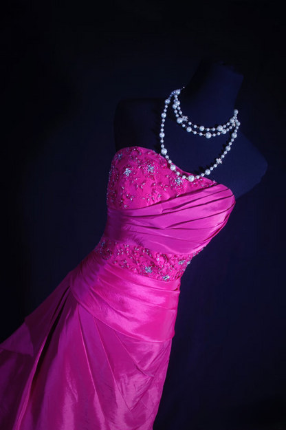 Retro-Abendkleid, trägerloses Ballkleid aus fuchsiafarbenem Satin mit applizierter Spitze, langes Vintage-Abendkleid, Partykleid AU015