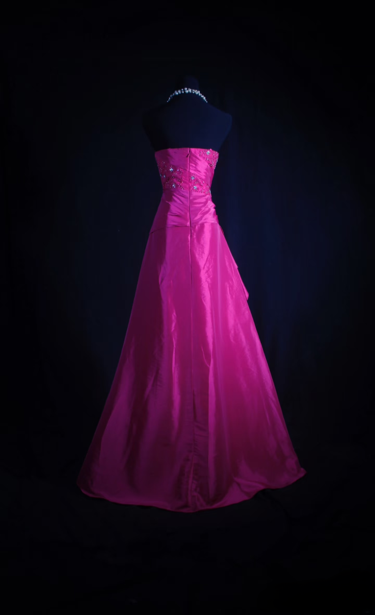Retro-Abendkleid, trägerloses Ballkleid aus fuchsiafarbenem Satin mit applizierter Spitze, langes Vintage-Abendkleid, Partykleid AU015