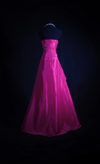 Retro-Abendkleid, trägerloses Ballkleid aus fuchsiafarbenem Satin mit applizierter Spitze, langes Vintage-Abendkleid, Partykleid AU015