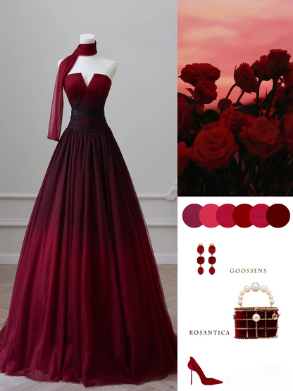 Elegantes Ballkleid, trägerlos, ärmellos, burgunderrot, Tüll, bodenlang, tolle Ballkleid-Inspirationsideen, Ball-Inspirationskleider, Abschlusskleid AU016
