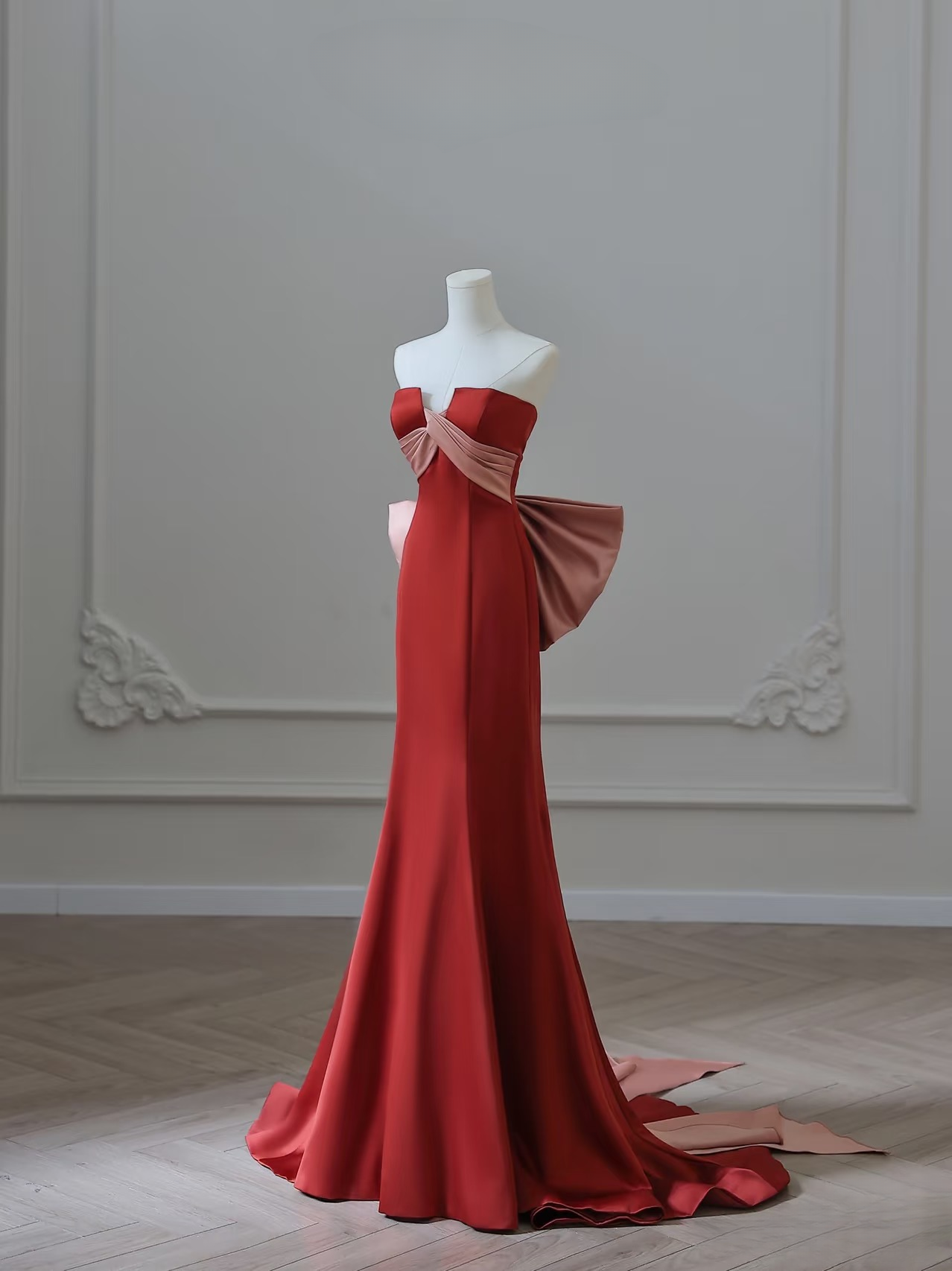 Elegant Mermaid Strapless Sleeveless Rust Red Satin Floor Length Amazing Prom Dress Inspiration Ideas Prom Inspo Dresses Graduation Dress AU017