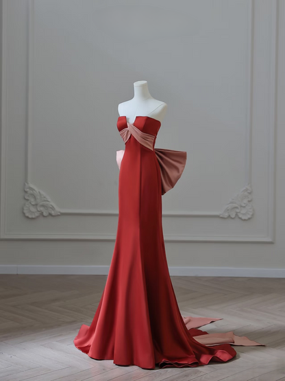Elegant Mermaid Strapless Sleeveless Rust Red Satin Floor Length Amazing Prom Dress Inspiration Ideas Prom Inspo Dresses Graduation Dress AU017