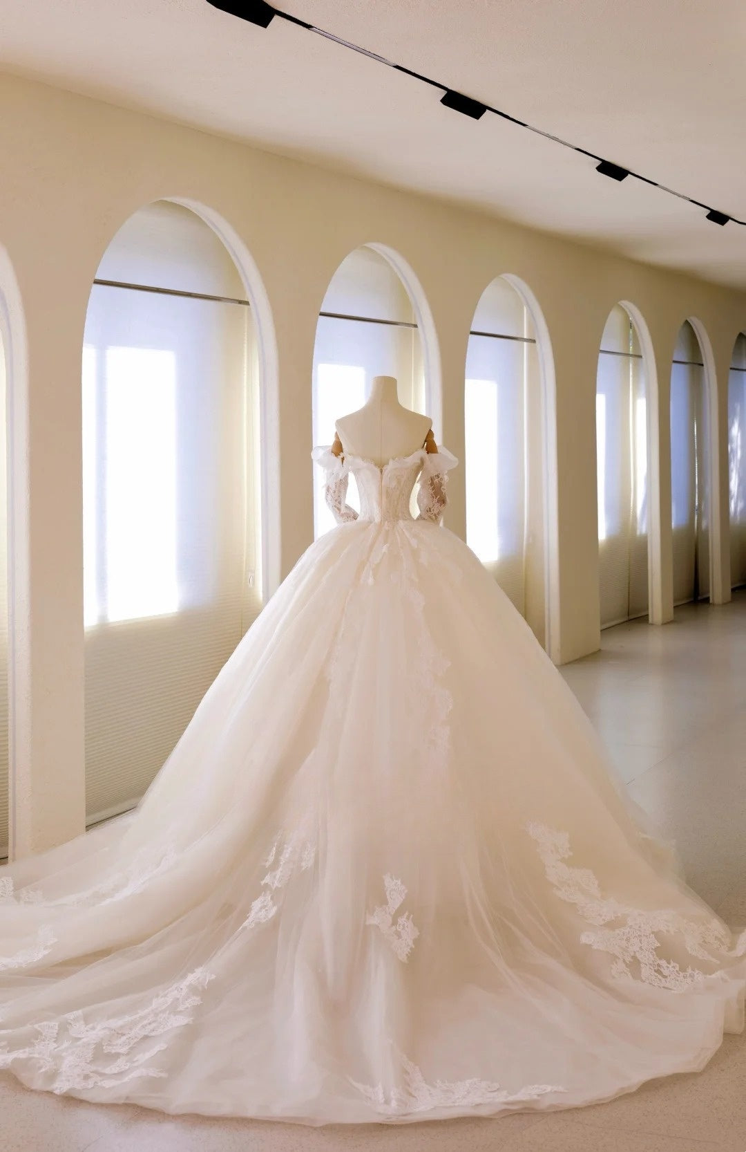 Luxuriöses schulterfreies Ballkleid für Damen mit applizierten langen Ärmeln und langer Schleppe aus weißem Tüll, Hochzeitskleid AU018