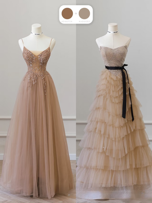 Elegant A Line Strapless Sleeveless Champagne Tulle Floor Length Amazing Prom Dress Inspiration Ideas Prom Inspo Dresses Graduation Dress AU020