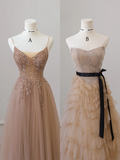 Elegant A Line Strapless Sleeveless Champagne Tulle Floor Length Amazing Prom Dress Inspiration Ideas Prom Inspo Dresses Graduation Dress AU020