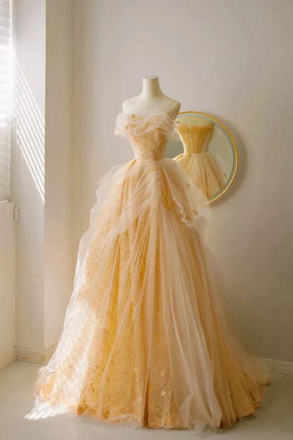 Edles Ballkleid, trägerlos, gelb, bodenlang, Tüll, Ballkleider, formelle Kleidung, Geburtstags-Outfits, Ballkleid AU020