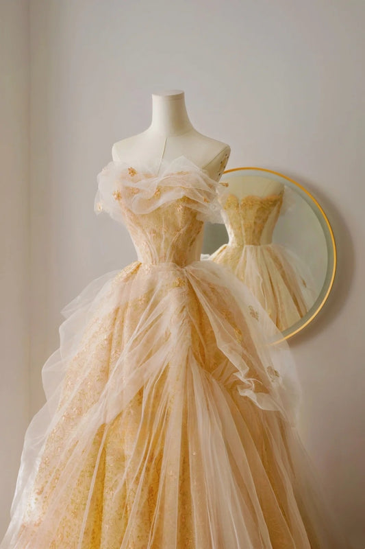 Edles Ballkleid, trägerlos, gelb, bodenlang, Tüll, Ballkleider, formelle Kleidung, Geburtstags-Outfits, Ballkleid AU020
