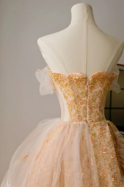 Edles Ballkleid, trägerlos, gelb, bodenlang, Tüll, Ballkleider, formelle Kleidung, Geburtstags-Outfits, Ballkleid AU020