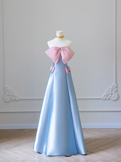 Elegant A Line Strapless Sleeveless Blue Bow Satin Floor Length Amazing Prom Dress Inspiration Ideas Prom Inspo Dresses Graduation Dress AU021