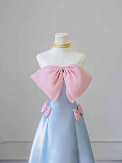 Elegant A Line Strapless Sleeveless Blue Bow Satin Floor Length Amazing Prom Dress Inspiration Ideas Prom Inspo Dresses Graduation Dress AU021