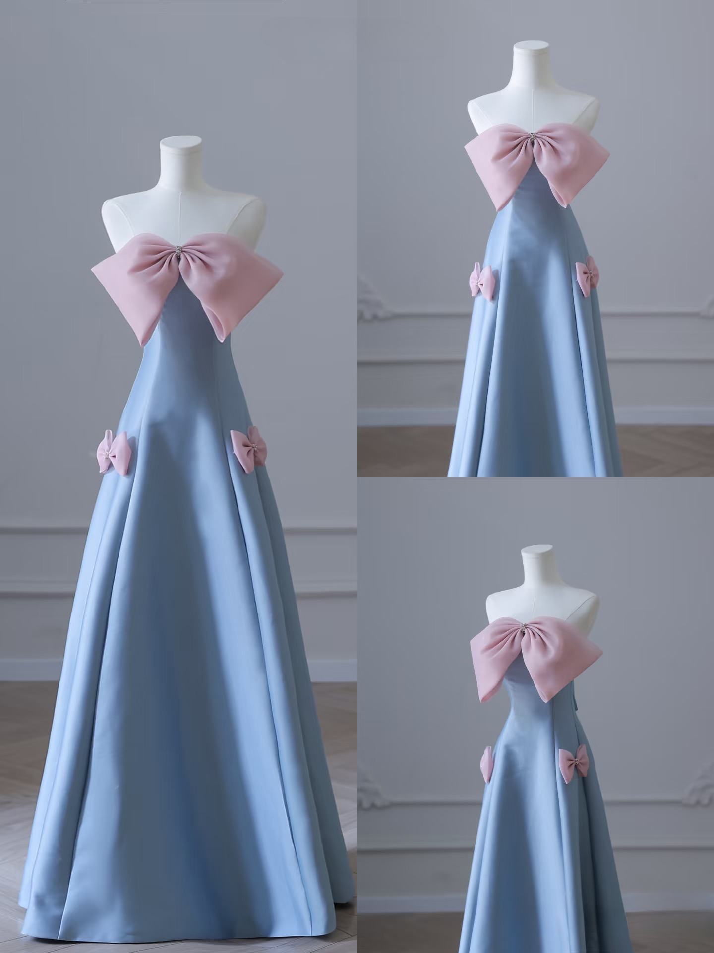 Elegant A Line Strapless Sleeveless Blue Bow Satin Floor Length Amazing Prom Dress Inspiration Ideas Prom Inspo Dresses Graduation Dress AU021