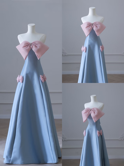 Elegant A Line Strapless Sleeveless Blue Bow Satin Floor Length Amazing Prom Dress Inspiration Ideas Prom Inspo Dresses Graduation Dress AU021