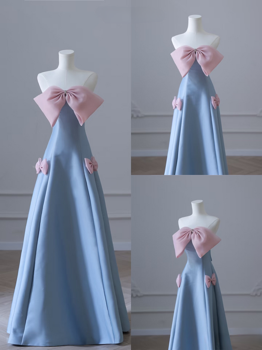 Elegant A Line Strapless Sleeveless Blue Bow Satin Floor Length Amazing Prom Dress Inspiration Ideas Prom Inspo Dresses Graduation Dress AU021