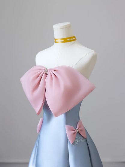Elegant A Line Strapless Sleeveless Blue Bow Satin Floor Length Amazing Prom Dress Inspiration Ideas Prom Inspo Dresses Graduation Dress AU021