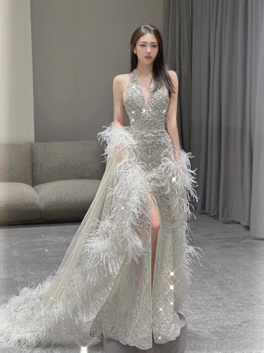 Sexy Mermaid Halter Neck Sleeveless Sequin Silver Floor Length Stunning Prom Dresses 2026 Inspiration Prom Dress Princess Graduation Dress AU022
