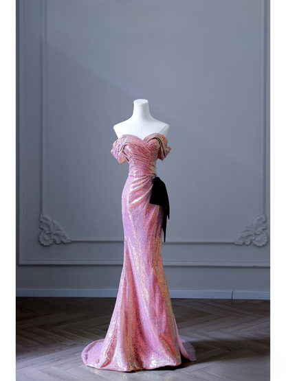 Mermaid Off The Shoulder Pink Sequin Floor Length Stunning Prom Dresses 2026 Inspiration Prom Dress Princess Graduation Dress AU024